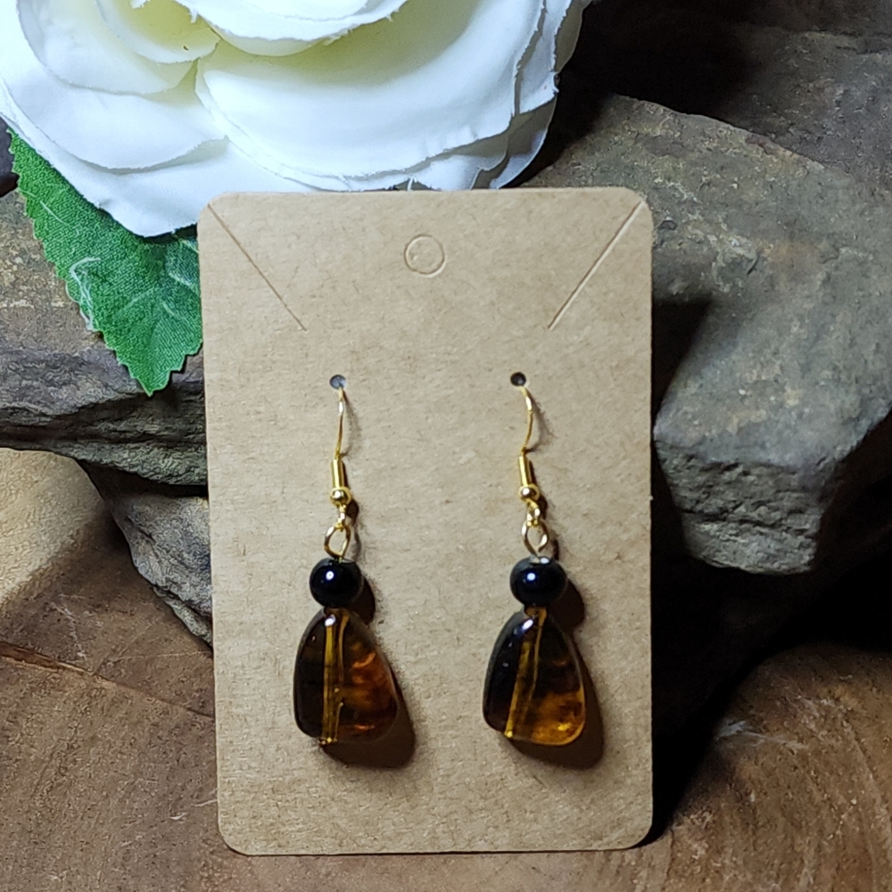 Vintage Earrings With Faux Amber and Bronze Swirled Beads & Round Black Glass
